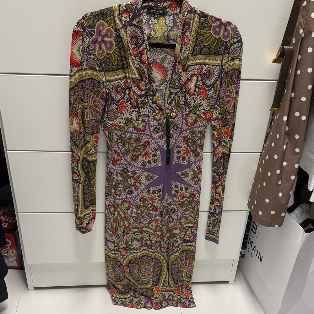 Etro Multicolor Paisley Long-Sleeve V-Neck Dress